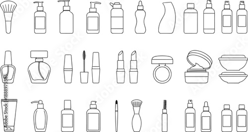 Outline cosmetic containers and makeup packaging set including bottles, tubes, pumps, jars, compacts, brushes, and applicators