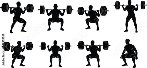 Weightlifting silhouette set with male bodybuilders performing heavy barbell squats, fitness athletes training for strength and power, gym workout vector