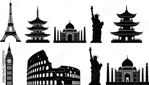 World landmarks silhouette collection, Eiffel Tower, Big Ben, Taj Mahal, Statue of Liberty, Colosseum, Japanese pagoda, famous travel destination vector icons.