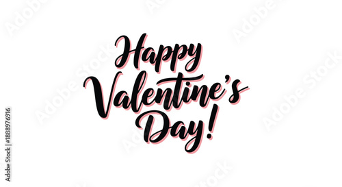Elegant happy Valentine Day typography design with romantic script lettering in black and pink shadows on a clean white background.