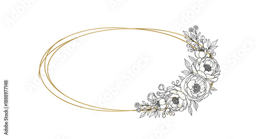Elegant oval golden frame design with a cluster of hand-drawn peonies and flowers in black and white lines on a clean background.