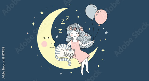 Sweet girl and her striped cat sleeping soundly on a yellow crescent moon with balloons in a starry night sky for sweet dreams.