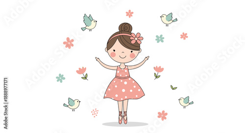 Little girl in a pink polka dot dress dancing happily with birds and flowers floating around her in a light airy illustration.