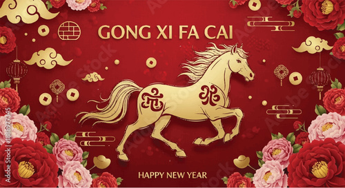 A vintage New Year background featuring a winter nature scene with a horse and reindeer silhouette pattern for a festive holiday greeting card vector illustration 2026