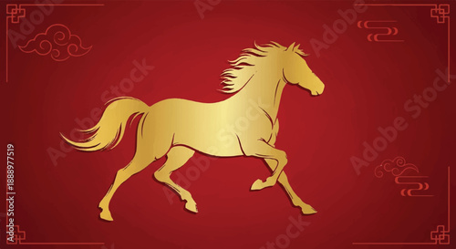 A wild black stallion silhouette runs in a gallop through nature in this vector art illustration of a year of the horse symbol