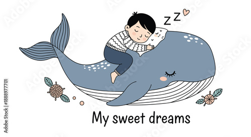 Young boy dreams peacefully while sleeping on the back of a large blue whale floating through a starry night sky with tiny details.