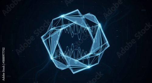 Glowing blue neon geometric shape with waveform on dark background