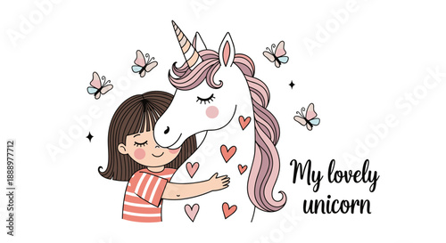Adorable little girl hugs a magical white unicorn with pink mane while butterflies and hearts float around them in the air.