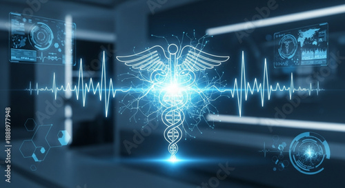 A glowing blue medical caduceus symbol with electrocardiogram readings in a futuristic dark hospital room with blue lighting and various medical monitors