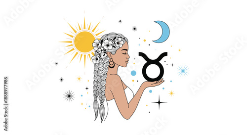 Celestial woman representing the taurus zodiac sign holds its symbol while surrounded by a golden sun and a blue crescent moon.