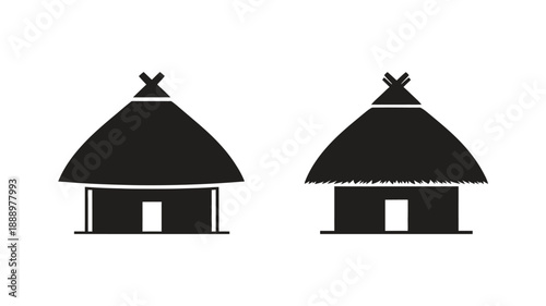 Two traditional african huts depicted in a striking black silhouette