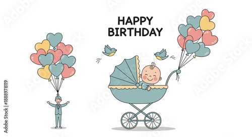 Festive happy birthday illustration shows a person with a bunch of balloons and a baby in a carriage surrounded by singing birds.