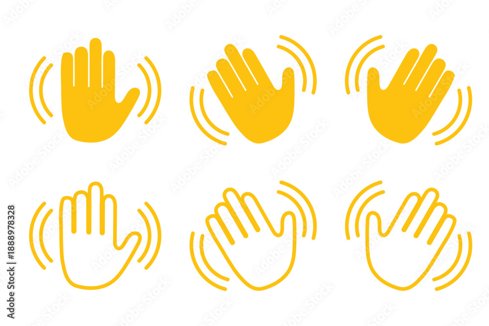 Fototapeta premium Set of Waving Hand Icons Representing Greeting Farewell Hello Hi in Solid and Outline Styles