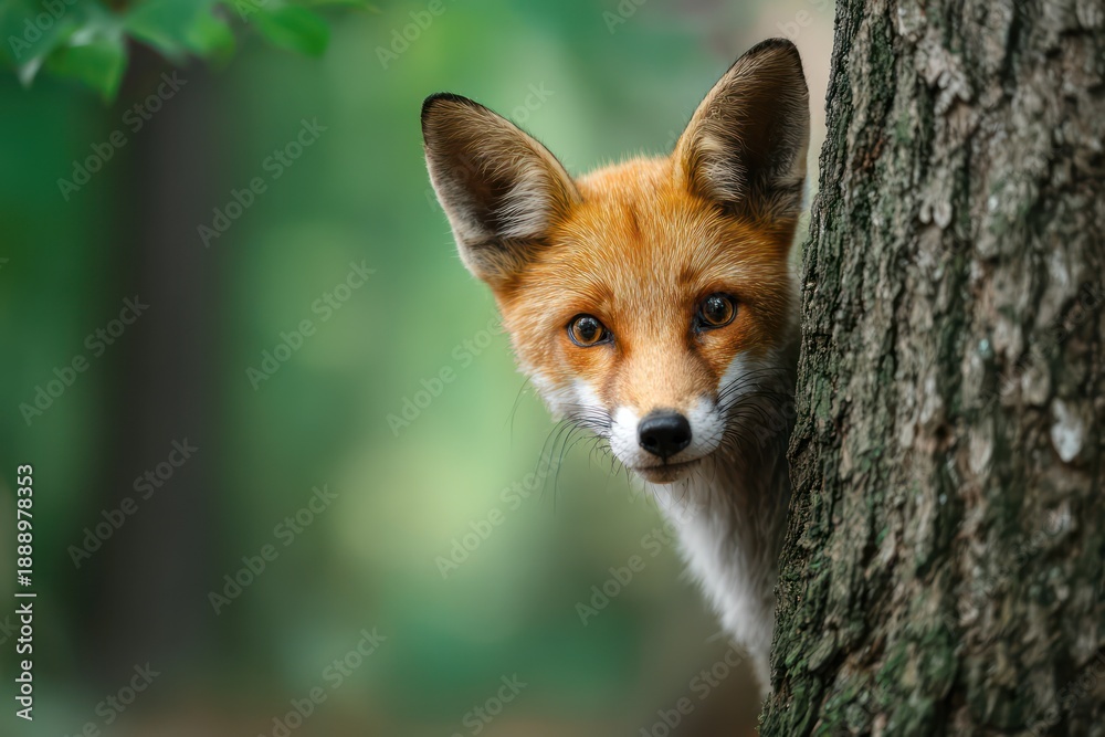 Fototapeta premium Curious fox watching from forest shadows