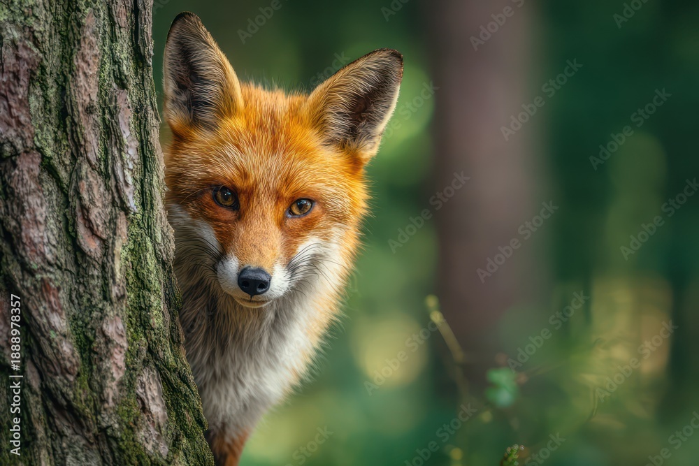 Fototapeta premium Wild fox portrait in green woodland