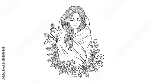 Artistic black and white illustration shows a young woman wrapped in a warm blanket and surrounded by a wreath of roses.