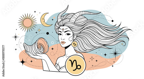 Mystical woman as a capricorn zodiac sign holds a large seashell against a celestial background of the sun and crescent moon.