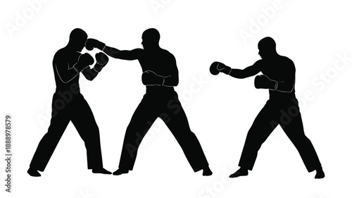 Three boxers in dynamic fighting poses a striking silhouette