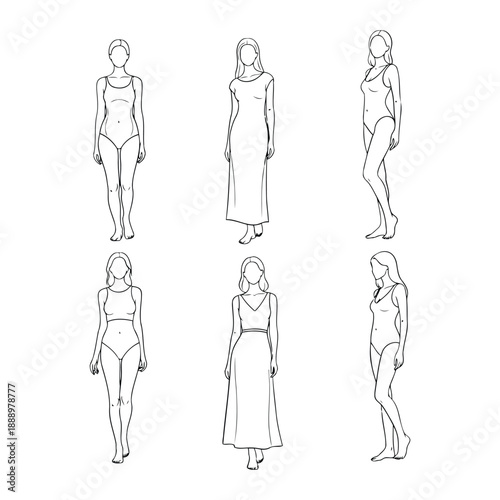 Collection of female figure illustrations showcasing various poses and outfits from different viewpoints