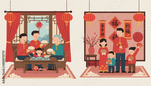 Chinese New Year Family Feast Illustration with Traditional Food and Red Decorations, Ideal for Festival Promotion, Cultural Media, and Holiday Branding