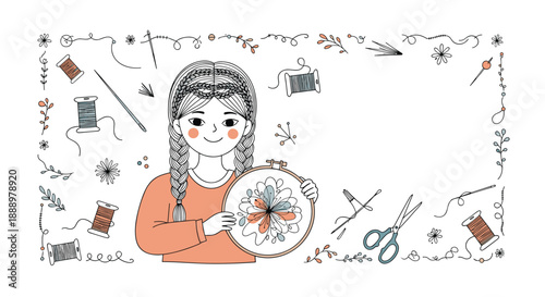 Creative girl holds an embroidery hoop with a flower design while surrounded by various colorful sewing and craft supplies.