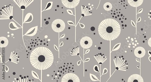 Elegant floral seamless pattern showcases stylized modern flowers and geometric dots in a sophisticated gray and white palette.