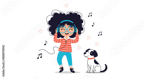 Cheerful girl with an afro and glasses listens to music on headphones while dancing with her cute black and white spotted dog.
