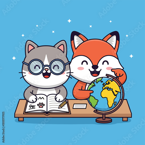 Cute Cat and Fox Study Global Map