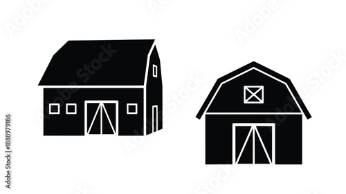 Two farm barns depicted in a stark black silhouette