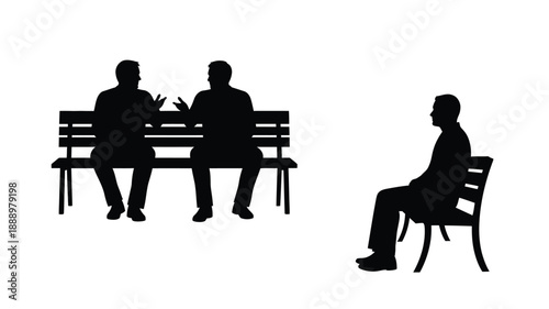 People conversing on a park bench and a single seated figure silhouette