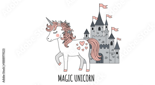 Magical illustration of a cute white unicorn with pink mane decorated with flowers standing in front of a gray stone fairy tale castle.