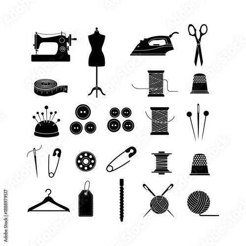 Collection of black silhouette icons representing various sewing, tailoring, and knitting tools and accessories on a white background.
