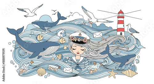 Magical nautical illustration of a girl with long flowing hair amidst ocean waves whales seagulls a lighthouse and various sea treasures.