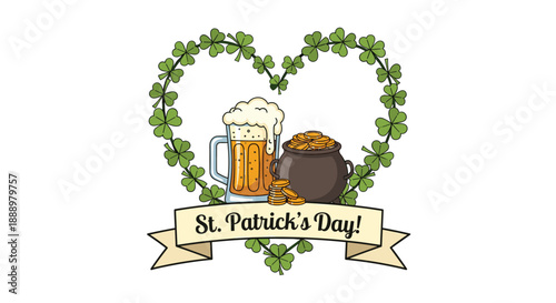 Festive St. Patricks Day illustration with a beer mug a pot of gold coins and a heart shaped border made of green shamrocks and clovers.