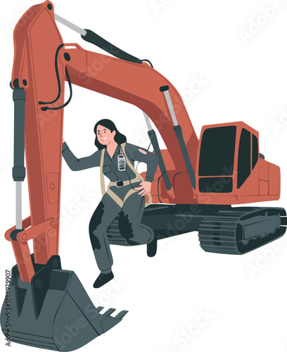 A determined woman in a dirty jumpsuit and safety harness climbing on a large orange excavator at a construction site.