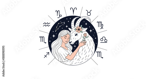 Beautiful illustration of a woman embracing a mountain goat with flowers within a circular zodiac wheel containing various astrology symbols.