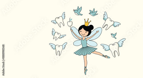 Whimsical illustration of a tooth fairy ballerina with wings surrounded by flying teeth with wings birds and a small apple on cream background.