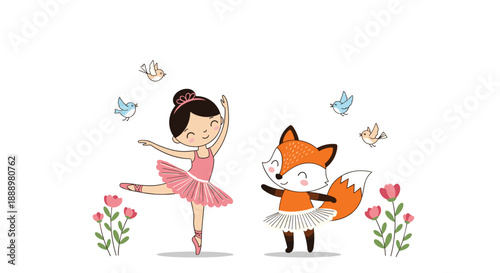 Adorable illustration of a little girl ballerina dancing with a cute fox in a tutu surrounded by flowers birds and spring blossoms outside.