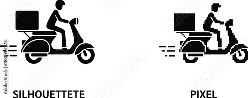 Delivery scooter silhouette and pixel art comparison illustration showing courier motorcycle transport concept isolated on white background for logistics, shipping, and delivery service design