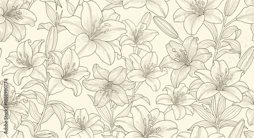 Intricate black and white line art pattern of blooming lily flowers buds and leaves for creative coloring or decorative background designs.