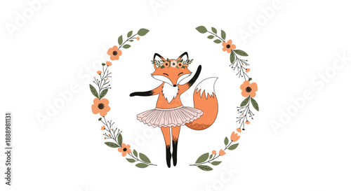 Adorable fox ballerina wearing a pink tutu and flower crown dancing inside a beautiful circular floral wreath.