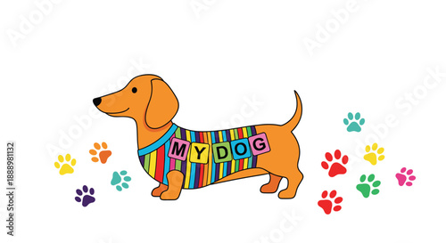 Cheerful orange dachshund dog wearing a colorful rainbow striped sweater with the words MY DOG and paw prints.