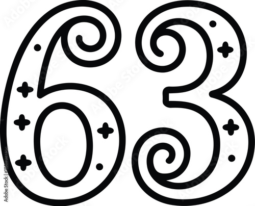A stylized illustration of the number sixty-three with decorative swirls and crosses