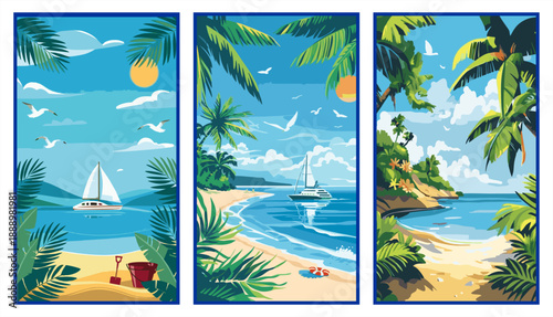 Set of three sunny tropical beach posters. Scenic coastal landscapes with palm trees, sailboats, sandy shores, and blue ocean waves. Vector.