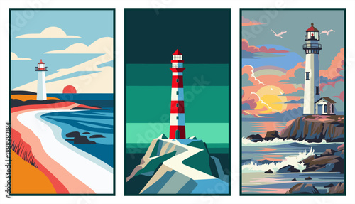 Set of three minimalist lighthouse posters at sunset and night. Modern flat design maritime landscapes with coastal beacons and ocean waves. Vector.