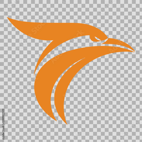 Vibrant orange bird head logo with stylized feathers and sharp beak