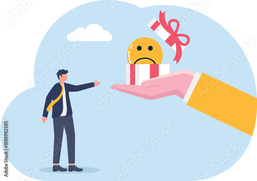 Poor Customer Experience Concept with Professional Hand Offering Sad Face Gift