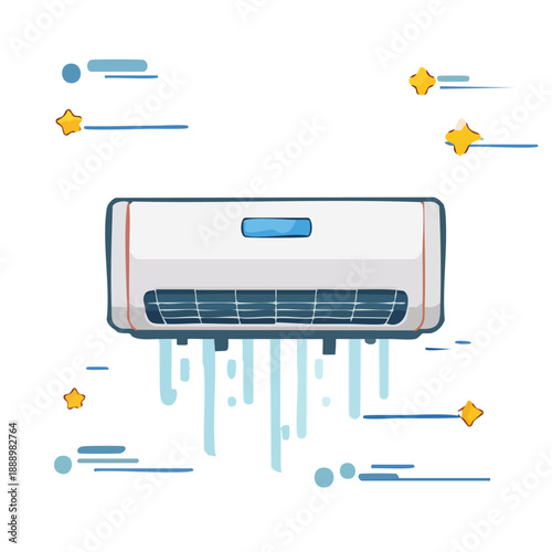 Air conditioner illustration with water leakage, depicting malfunction, appliance, technology, maintenance, and repair issues in a graphic style