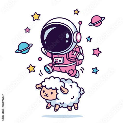 A pink astronaut in a flat cartoon style jumps with a cute sheep amidst colorful stars and planets on a white background.