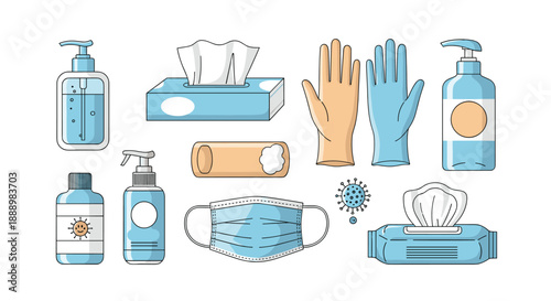 Hygiene and health protection kit featuring hand sanitizer, tissues, medical mask, gloves, and disinfectant spray for virus prevention.